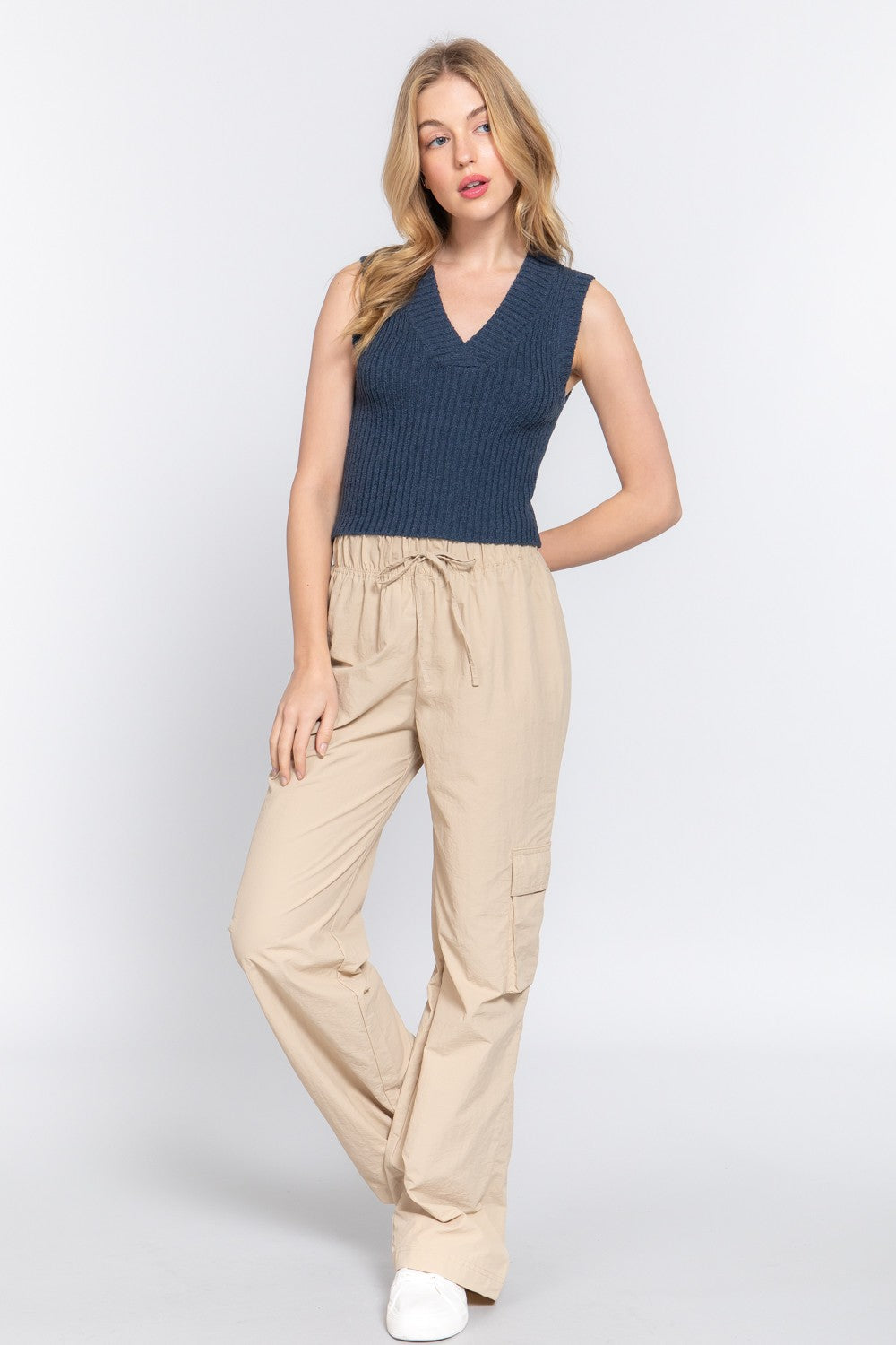 Navy V-Neck Sleeveless Sweater Top