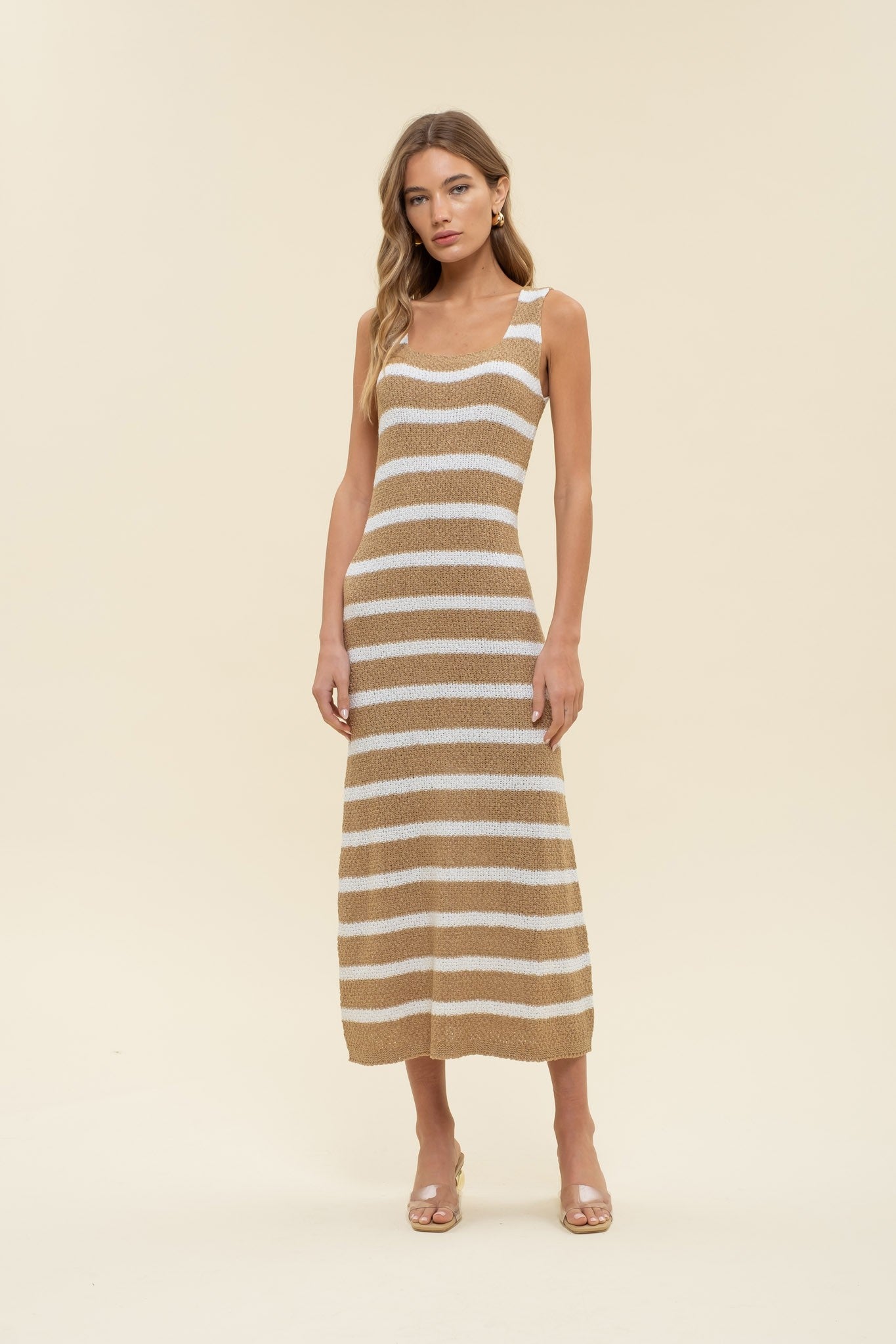 Grace Beige Stripe Knit Midi Dress