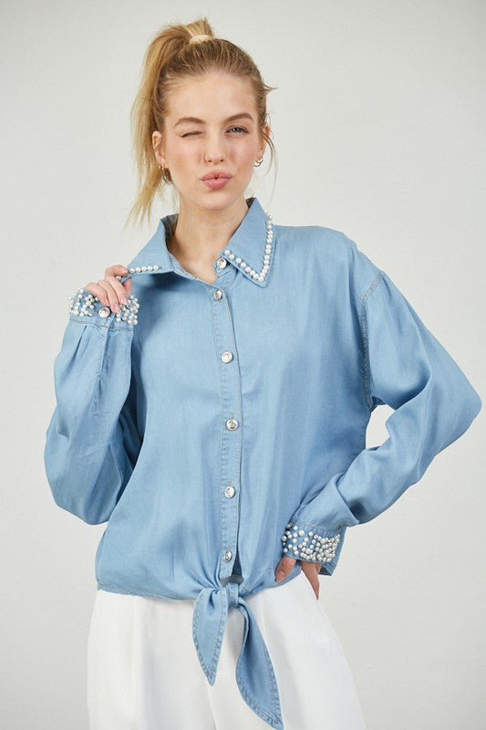 Julie Pearl Embellished Denim Blouse