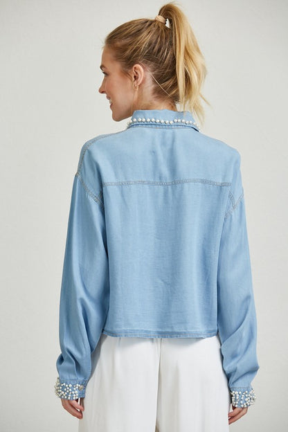 Julie Pearl Embellished Denim Blouse