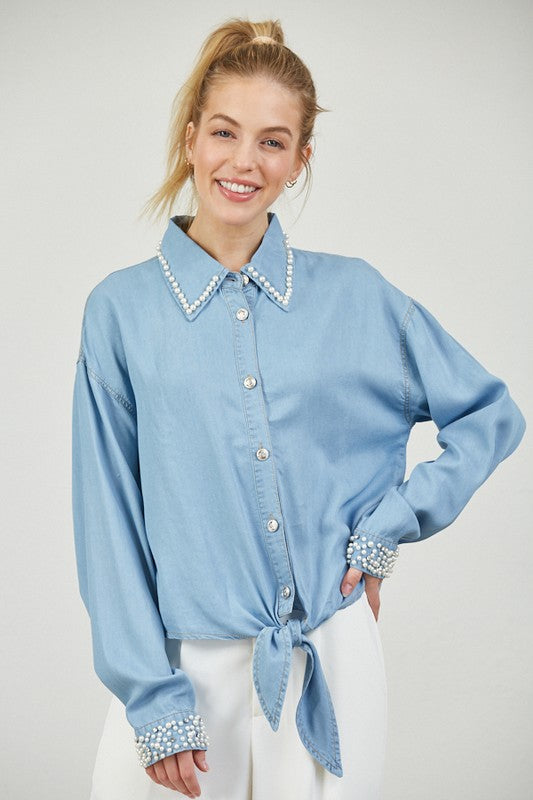 Julie Pearl Embellished Denim Blouse