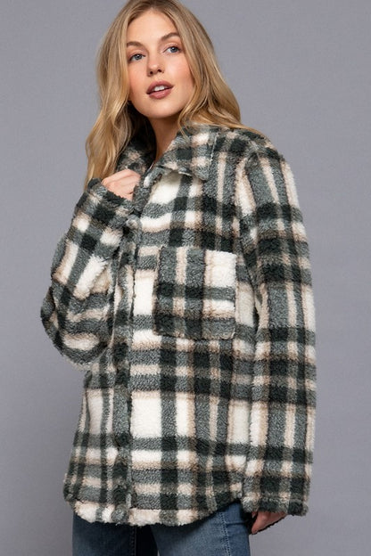 Olivia Olive Fuzzy Plaid Jacket