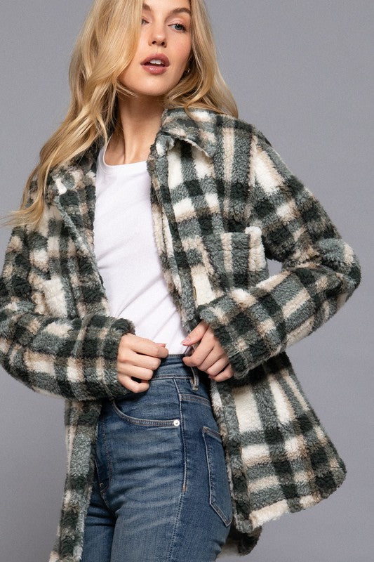 Olivia Olive Fuzzy Plaid Jacket