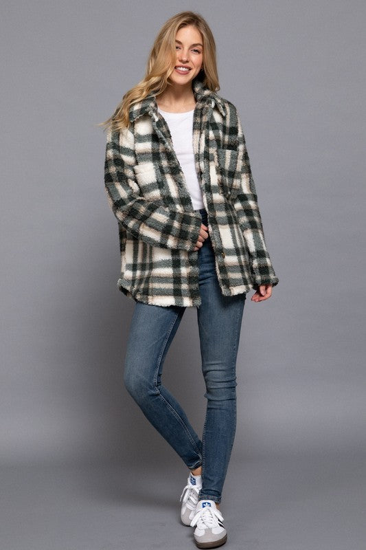 Olivia Olive Fuzzy Plaid Jacket