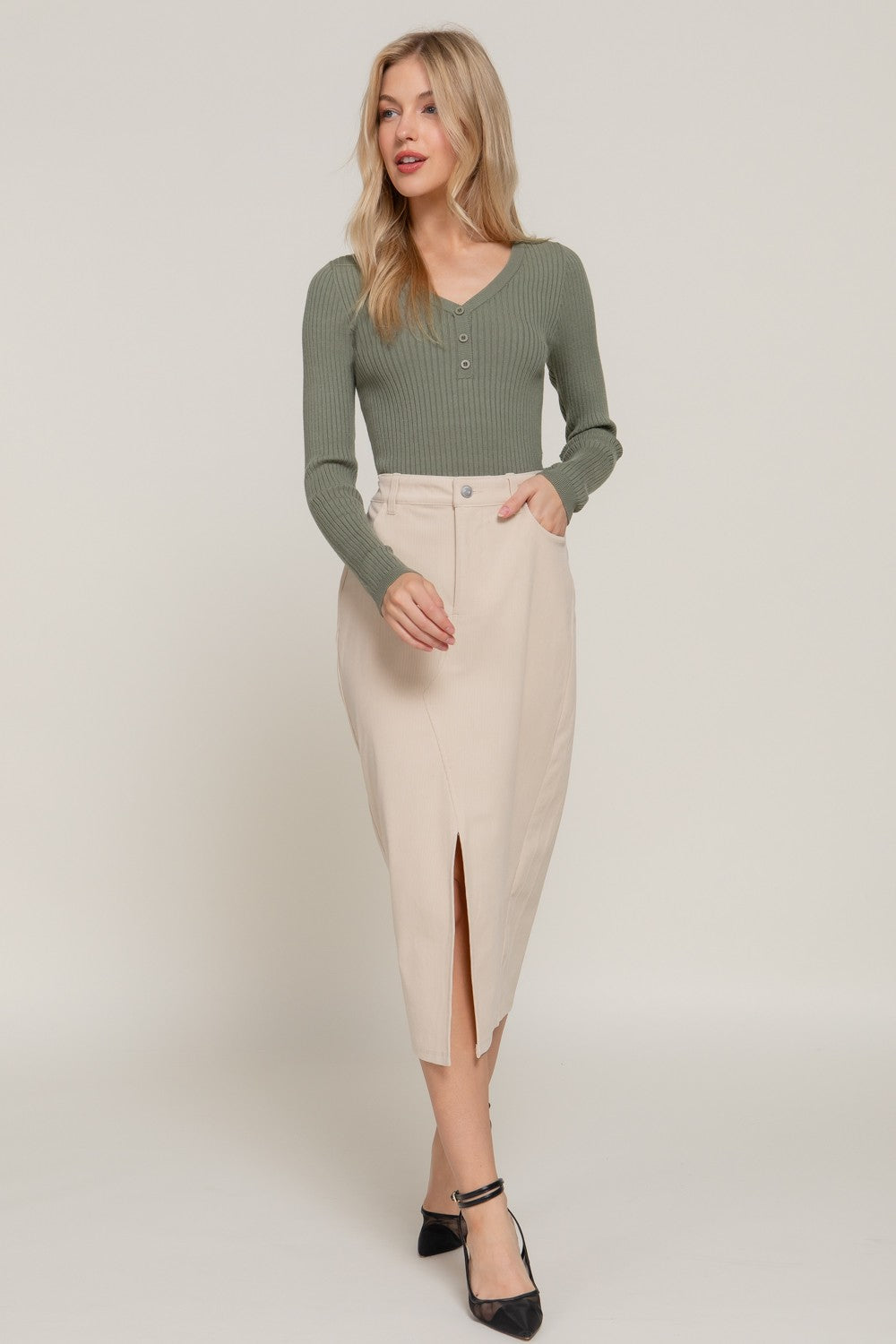 Cream Corduroy Midi Skirt