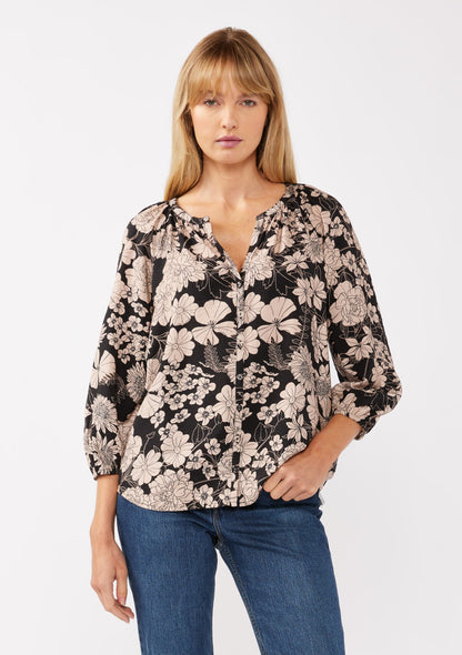 LS Black Floral Button Blouse