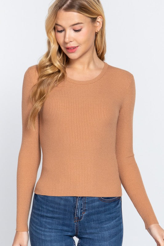 Camel Ribbed Long Sleeve Top