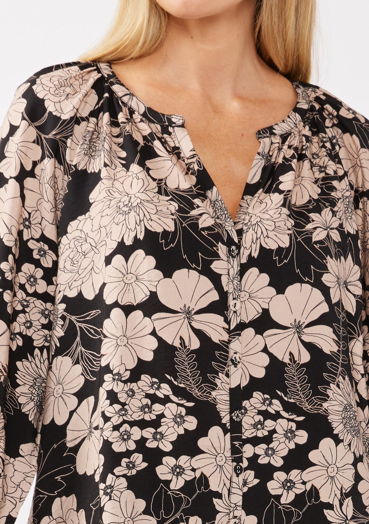 LS Black Floral Button Blouse