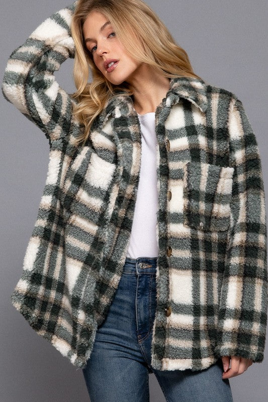 Olivia Olive Fuzzy Plaid Jacket