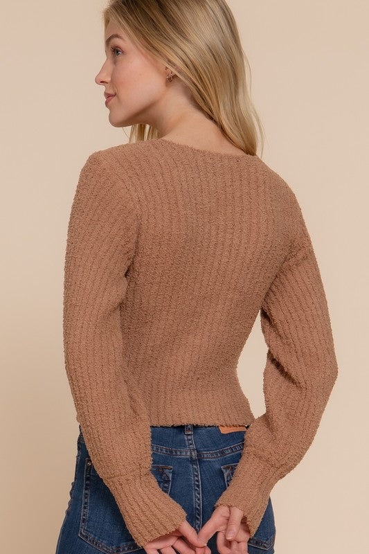 Camel V-Neck Crop Sweater