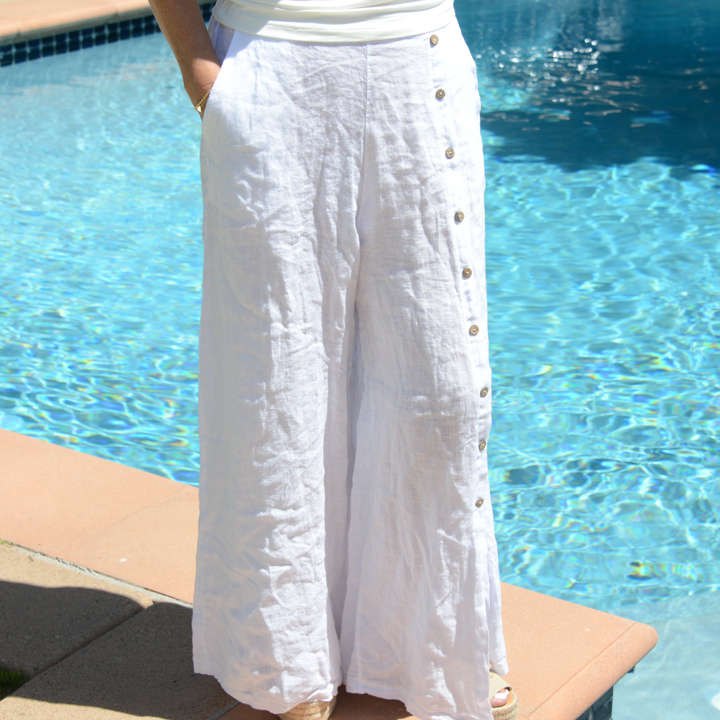 ITALY 100% Linen Button Pants (White)