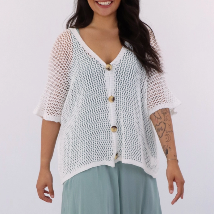 ITALY Button Knit Weave Cardigan (White)