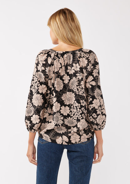 LS Black Floral Button Blouse