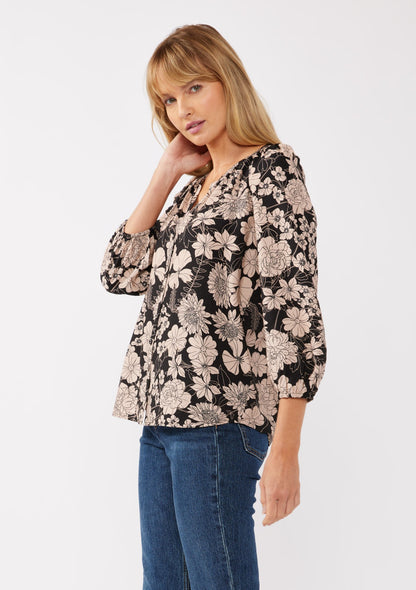 LS Black Floral Button Blouse