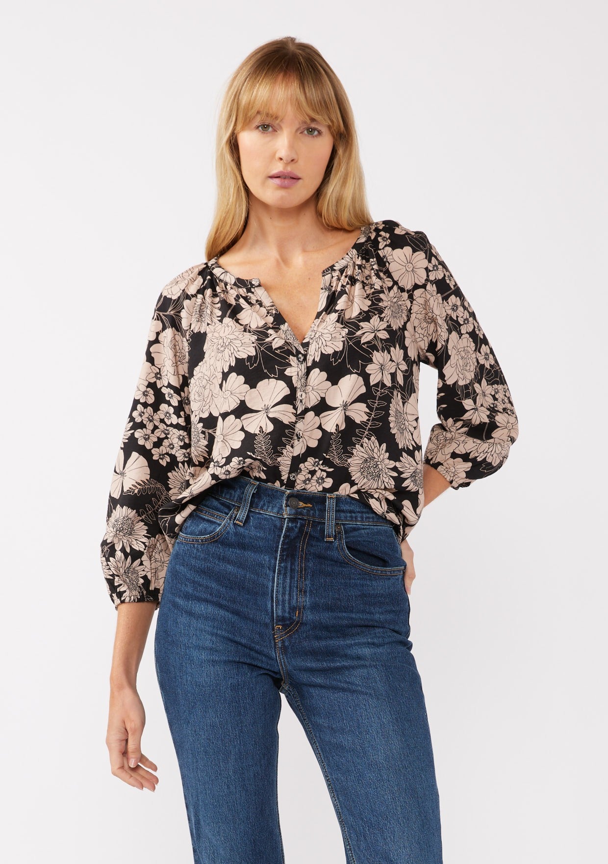 LS Black Floral Button Blouse