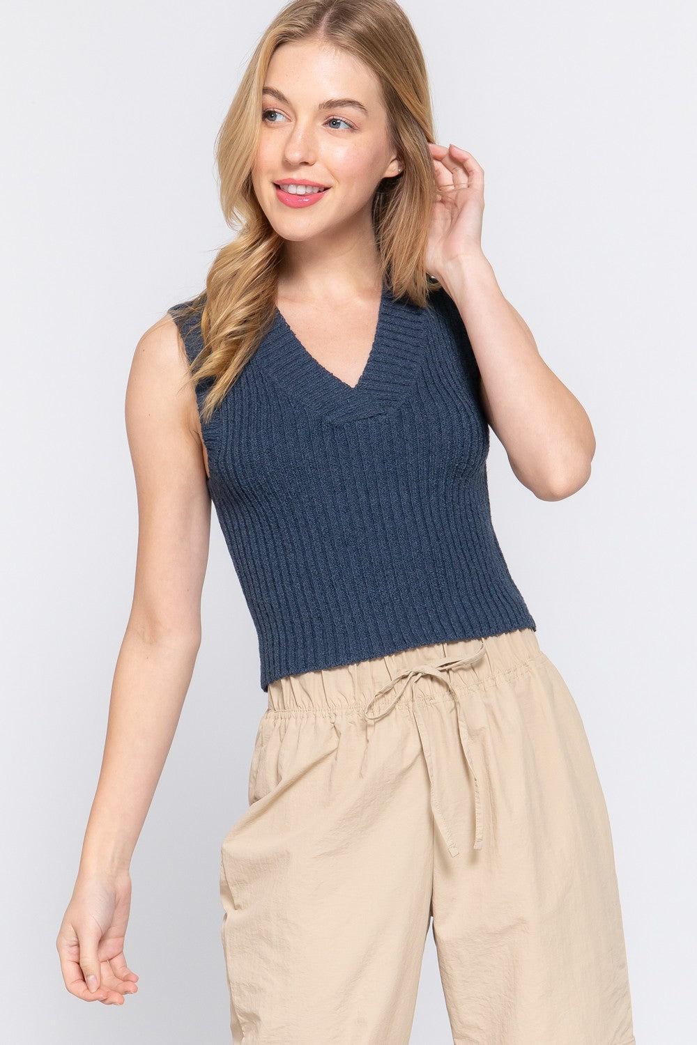 Navy V-Neck Sleeveless Sweater Top